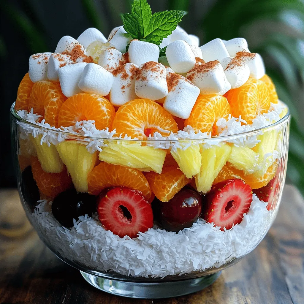 - 1 cup mini marshmallows - 1 cup sweetened shredded coconut - 1 cup canned mandarin oranges, thoroughly drained - 1 cup fresh pineapple, diced into bite-sized pieces - 1 cup strawberries, hulled and halved - 1 cup grapes, halved - ½ cup chopped walnuts or pecans (optional) - 2 cups whipped cream or coconut whipped cream - 2 tablespoons pure vanilla extract - Ground cinnamon, for garnish