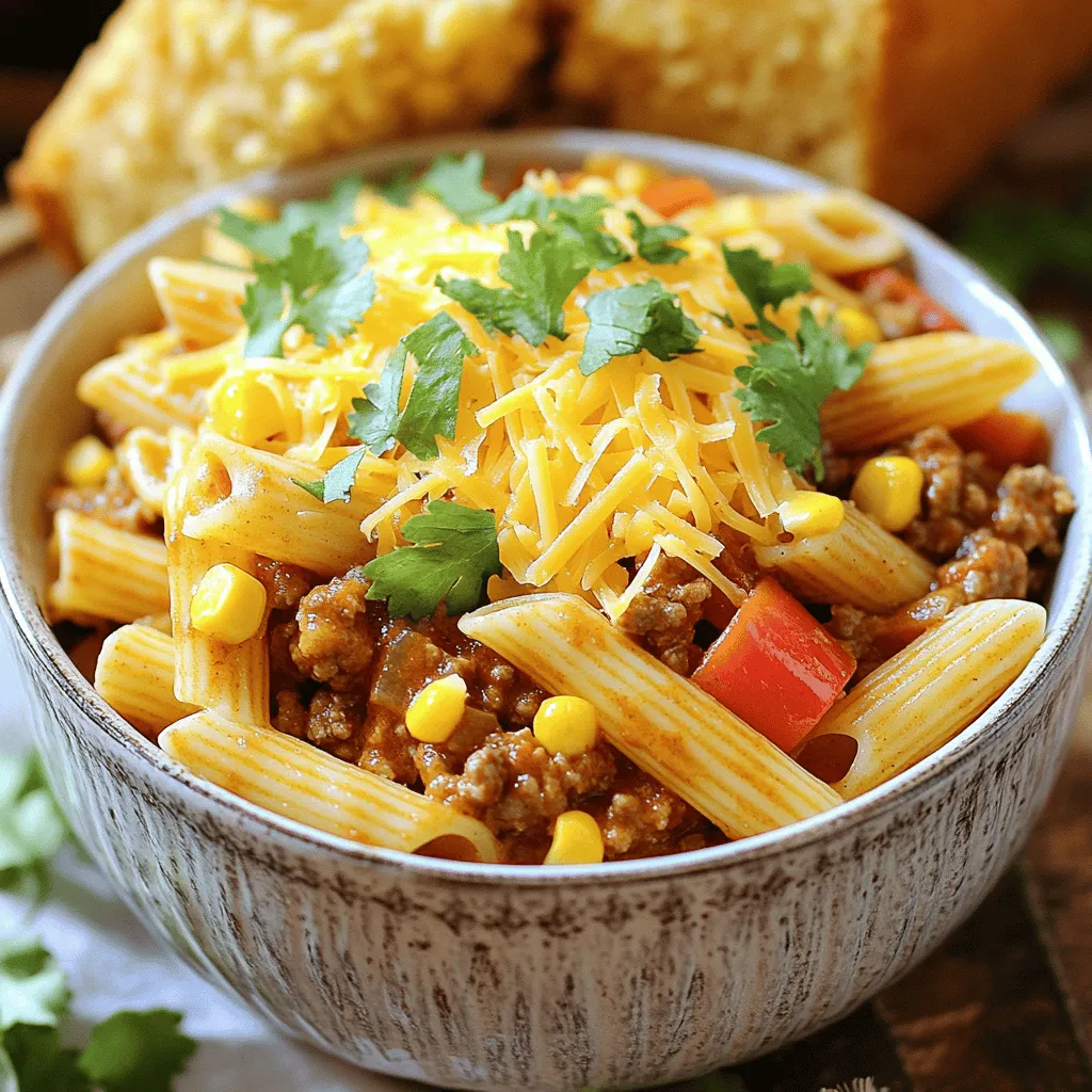 - 8 oz (225g) penne pasta - 1 lb (450g) ground beef - 1 can (15 oz) diced tomatoes, drained - 1 cup corn kernels (fresh or frozen) - 1 medium onion, finely chopped - 3 garlic cloves, minced - 1 bell pepper (any color), diced - 2 tablespoons olive oil Cowboy pasta shines with simple, hearty ingredients. The penne pasta gives a nice bite. I love using ground beef for its rich flavor. Diced tomatoes add a juicy touch. Fresh or frozen corn brings sweetness. Bell pepper adds color and crunch. Don