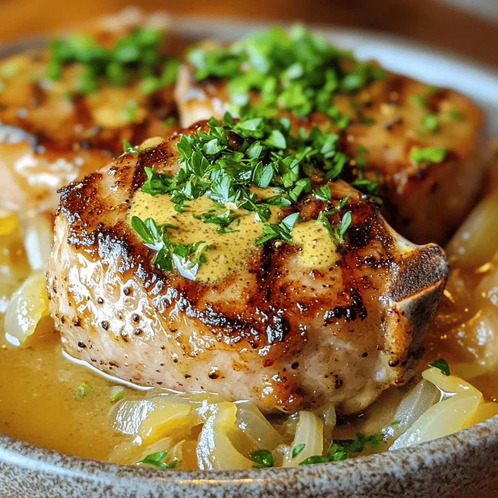 - 4 bone-in pork chops (approximately 1 inch thick) - 1 teaspoon salt - 1/2 teaspoon black pepper - 1 teaspoon garlic powder - 1 teaspoon smoked paprika - 2 tablespoons olive oil - 1 large onion, thinly sliced - 2 cloves garlic, minced - 1 cup low-sodium chicken broth - 1 tablespoon Dijon mustard - 1 tablespoon Worcestershire sauce - 1 teaspoon dried thyme - 1 cup heavy cream - Fresh parsley, finely chopped (for garnish) Pork chops are a great source of protein. They help build and repair muscles. The olive oil is rich in healthy fats. It can support heart health. Onions have antioxidants that may reduce inflammation. Garlic can help boost your immune system. Heavy cream adds richness and calcium for strong bones. Chicken broth offers hydration and flavor with fewer calories. You can swap bone-in pork chops for boneless ones. They will still taste great! For a lower-calorie option, use light cream instead of heavy cream. If you want less sodium, use homemade chicken broth. You can replace Dijon mustard with yellow mustard. If you don’t have smoked paprika, regular paprika works too. Fresh herbs can replace dried thyme if you have them. First, gather your ingredients. You need bone-in pork chops, salt, black pepper, garlic powder, and smoked paprika. Pat the pork chops dry with paper towels. This helps them sear better. Season both sides generously with salt, black pepper, garlic powder, and smoked paprika for great flavor. Let the chops sit for a few minutes to absorb the seasoning. Heat a large skillet over medium-high heat. Add two tablespoons of olive oil and let it shimmer. Carefully place the pork chops in the skillet. Sear them for about 4-5 minutes on each side. Look for a nice golden-brown crust. This step locks in the pork