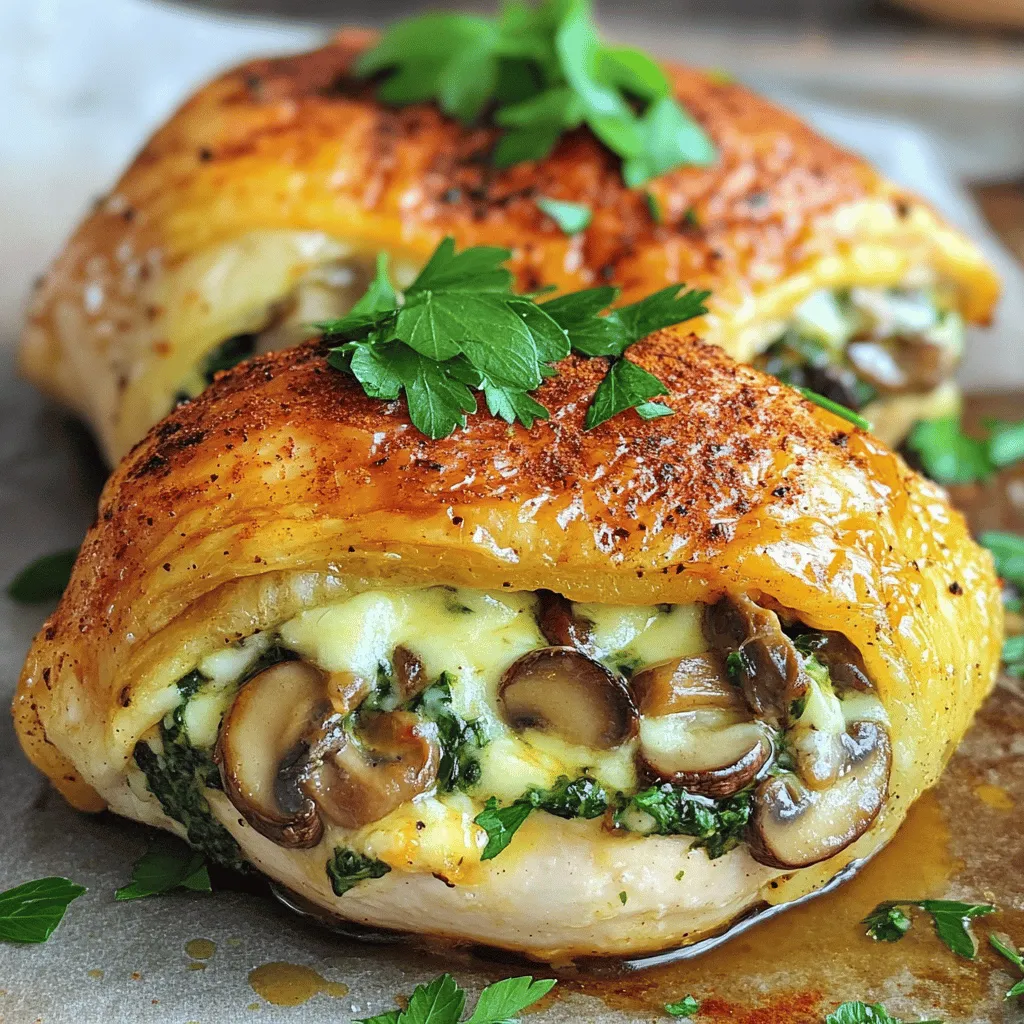 - 2 boneless, skinless chicken breasts - 1 cup mushrooms, finely diced (cremini or button) - 1/2 cup fresh spinach, chopped - 1/4 cup low-fat cream cheese, softened - 1/4 cup shredded mozzarella cheese - 2 cloves garlic, minced - 1 tablespoon olive oil - 1 teaspoon dried thyme - 1 teaspoon paprika - Sea salt and freshly cracked black pepper, to taste - Fresh parsley, chopped, for garnish Mushrooms add a rich flavor and are low in calories. They help boost your immune system. Spinach is full of vitamins A and C. It also provides iron and calcium, making it a great addition. Low-fat cream cheese gives a creamy texture without too many calories. It makes the filling rich but still healthy. Mozzarella cheese adds flavor and helps bind the filling together. Thyme and garlic bring depth to the dish. Thyme has antioxidants, while garlic supports heart health. You can add some red pepper flakes for heat. A squeeze of lemon juice brightens the dish and adds freshness. If you love herbs, try adding fresh basil or oregano. For a nutty taste, you can mix in some chopped walnuts or pine nuts. These options can enhance the flavor and make your dish unique.Start by cleaning the chicken breasts. Rinse them under cold water and pat them dry with paper towels. You want them to be nice and clean. Next, use a sharp knife to slice a pocket into the side of each breast. Be careful not to cut all the way through. This pocket will hold the mushroom filling. In a medium skillet, heat the olive oil over medium heat. Add minced garlic and stir for about one minute. It should smell great! Now, add the finely chopped mushrooms. Cook them for about 5-7 minutes. Stir occasionally until they turn golden brown. Then, toss in the chopped spinach and cook for 2 more minutes. Remove the skillet from heat and let it cool a bit. In a bowl, mix the cooled mushroom-spinach with cream cheese, mozzarella, thyme, salt, and pepper. Stir until everything combines well. This filling is full of flavor! Now it’s time to stuff the chicken. Take the mushroom filling and pack it into each chicken breast pocket. Make sure to stuff them well! If needed, use toothpicks to keep the filling inside. Season the chicken with paprika, salt, and pepper for extra flavor. Place the stuffed chicken in a greased baking dish. Bake in a preheated oven at 375°F for 25-30 minutes. The chicken should reach an internal temperature of 165°F to ensure it’s cooked. After baking, let the chicken rest for about 5 minutes. This helps retain the juices. Remove the toothpicks, garnish with parsley, and enjoy your delicious meal!To keep chicken juicy, focus on cooking temperature. Always bake chicken at 375°F (190°C). This helps lock in moisture. You should also let the chicken rest after cooking. This rest time allows juices to settle. Cutting too soon makes the chicken dry. One mistake is overcooking the chicken. Use a meat thermometer to check the temperature. For juicy chicken, aim for 165°F (75°C). Another error is not seasoning enough. Season both inside and outside the chicken. This adds flavor throughout the dish. A good knife is key for cutting pockets in chicken. Use a cutting board to keep your space tidy. A skillet helps sauté the mushrooms and spinach quickly. Finally, a meat thermometer ensures your chicken is perfectly cooked.{{image_4}} You can easily make this dish vegetarian. Replace the chicken with large portobello mushrooms. The meaty texture works well. Stuff them with the same mushroom-spinach filling. Bake until tender for a hearty meal. This option is tasty and packed with nutrients. For a lighter version, use chicken thighs instead of breasts. Thighs have more flavor and stay moist. You can also swap low-fat cream cheese for Greek yogurt. This option cuts calories while adding protein. If you need dairy-free, choose cashew cream. It adds creaminess without the dairy. Boost the taste with herbs like basil or oregano. Fresh herbs give a vibrant flavor. You can also add a pinch of red pepper flakes for heat. This adds a nice kick to the dish. Experiment with different spices to find your favorite mix. For example, smoked paprika adds depth.To keep your healthy mushroom stuffed chicken breast fresh, let it cool first. Once cooled, place the chicken in an airtight container. It can stay in the fridge for about 3 to 4 days. If you want to keep it longer, freezing is a great option. When you’re ready to eat your leftovers, preheat your oven to 350°F (175°C). Place the chicken in an oven-safe dish. Cover it with foil to prevent it from drying out. Heat for about 20 minutes, or until it’s warm all the way through. You can also use a microwave, but be careful. Microwaving can make the chicken rubbery. Heat it in short bursts, checking often. To freeze your mushroom stuffed chicken, wrap each piece tightly in plastic wrap. Place them in a freezer-safe bag or container. Make sure to remove as much air as possible. They can last in the freezer for up to 3 months. When you’re ready to use them, thaw in the fridge overnight before reheating. This keeps the chicken juicy and tasty.You can pair this dish with several sides. I recommend steamed broccoli or roasted carrots. Both add color and nutrients. Brown rice or quinoa are great for a filling option. A light salad with lemon dressing also works well. Yes, you can prep the chicken and stuffing in advance. Stuff the chicken breasts and store them in the fridge for up to 24 hours. This makes dinner quick and easy when you