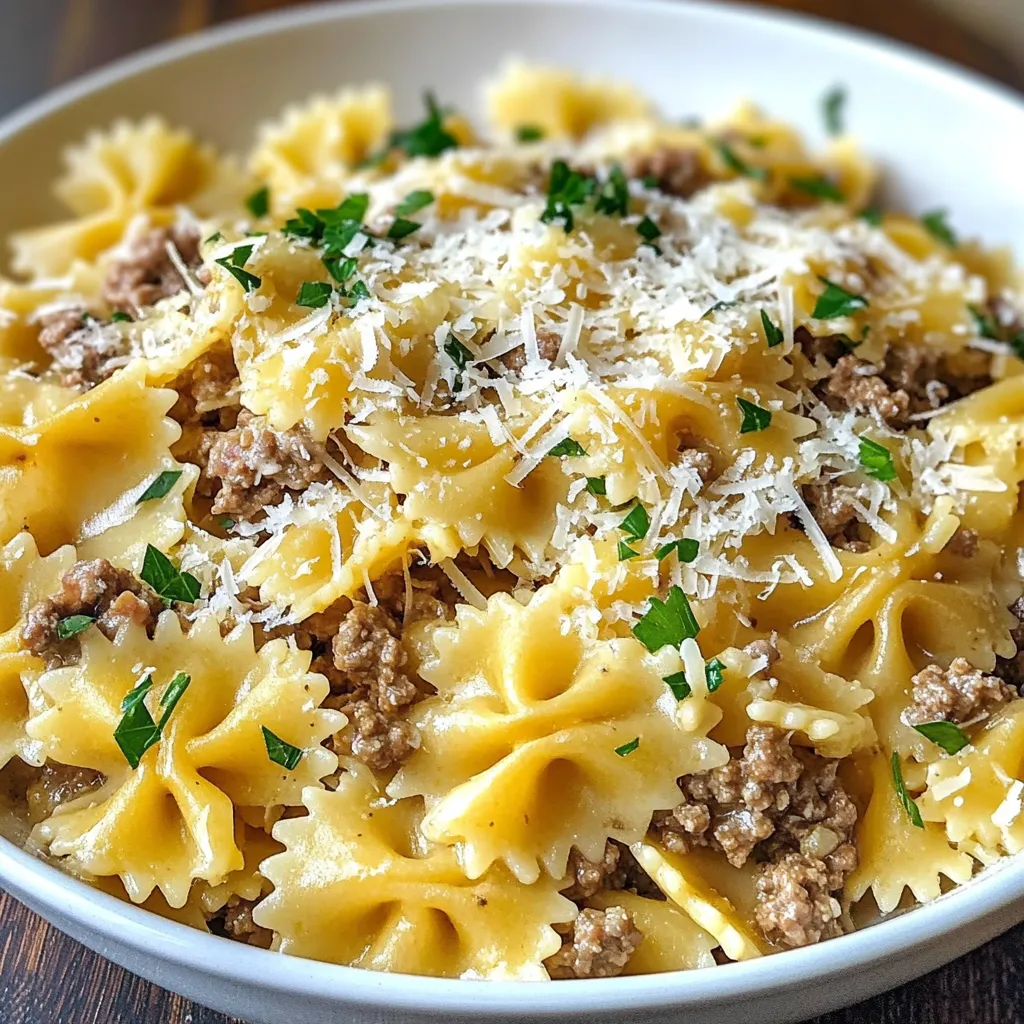 Parmesan Garlic Beef Bowtie Pasta Delicious and Creamy