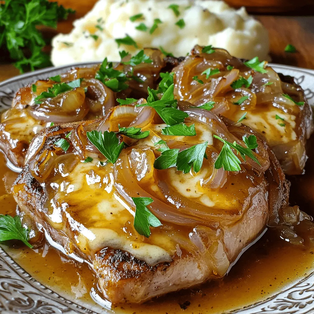 - 4 bone-in pork chops (approximately 1-inch thick) - 2 large onions, thinly sliced - 3 cloves garlic, minced - 2 tablespoons olive oil - 1 teaspoon dried thyme - 1 teaspoon sugar - 1 cup low-sodium beef broth - 1 cup shredded Gruyère cheese - Salt and freshly cracked pepper to taste - Fresh parsley, chopped, for garnish For this dish, bone-in pork chops are best. They stay juicy and flavorful. Thinly sliced onions and minced garlic add depth. Dried thyme and sugar help caramelize the onions. Low-sodium beef broth gives a rich base. Gruyère cheese melts beautifully, creating a creamy topping. Finally, season with salt and pepper for that extra kick. - Recommended cheese types: Gruyère, Swiss, or provolone - Alternatives for different flavors: Cheddar, gouda, or mozzarella I love using Gruyère for its nutty flavor. Swiss cheese works too, adding a mild taste. For a bolder choice, try sharp cheddar. Gouda adds creaminess, while mozzarella gives a stretch. Choose what you enjoy most! - Skillet requirements: A large, heavy-bottom skillet - Essential kitchen tools: Tongs, wooden spoon, and a meat thermometer A heavy skillet is key for even cooking. It helps sear the chops nicely. Use tongs to flip the pork without losing juices. A wooden spoon is perfect for scraping up tasty bits. Lastly, a meat thermometer ensures your pork is cooked just right.Start by patting the pork chops dry with paper towels. This step helps the seasoning stick better. Next, season both sides of each chop with salt and freshly cracked pepper. Seasoning is key to bringing out the chop
