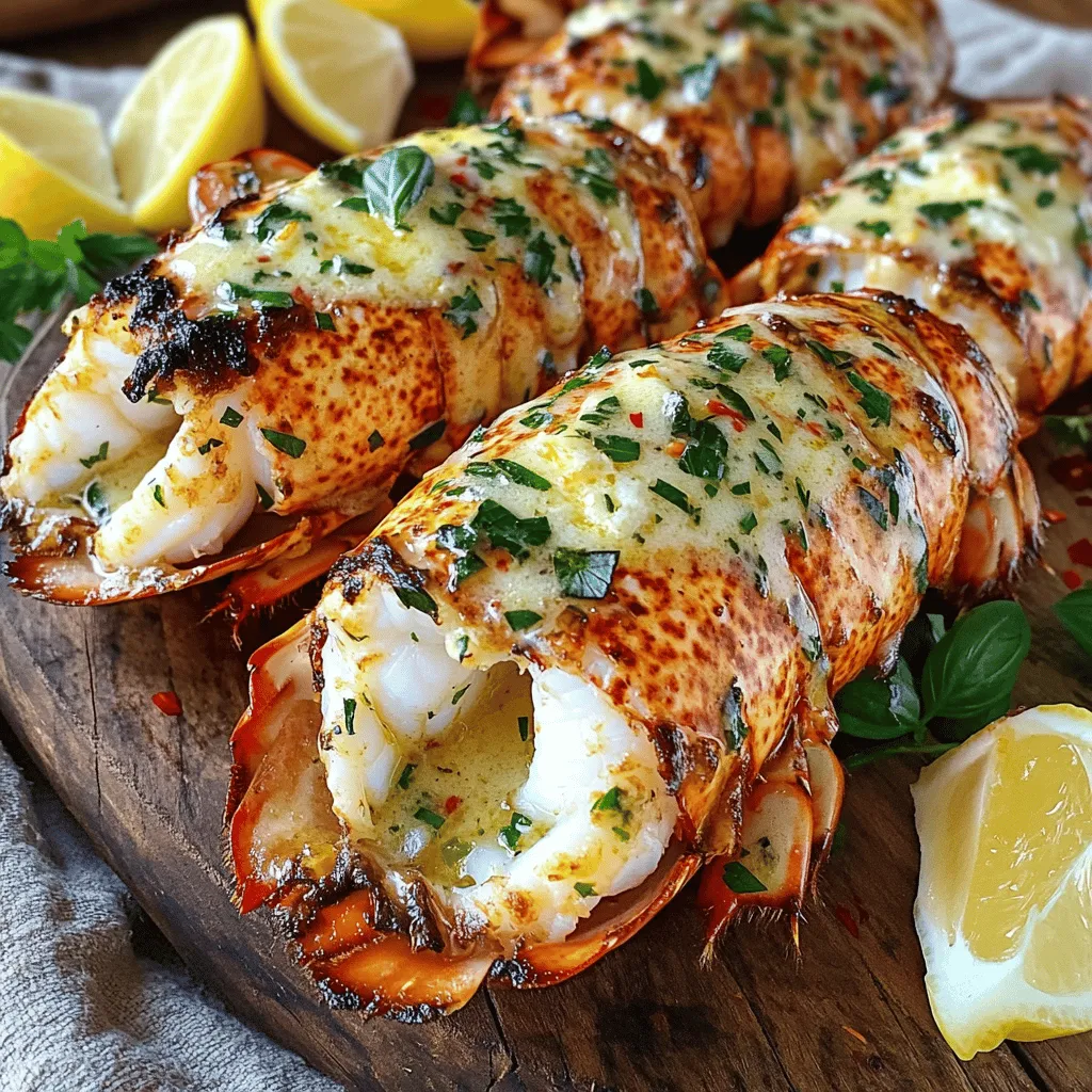 - 4 lobster tails (approximately 6 oz each) - 1/2 cup unsalted butter - 4 cloves garlic, minced - 1 tablespoon fresh parsley, finely chopped - 1 tablespoon fresh basil, finely chopped - 1 tablespoon fresh lemon juice - 1/2 teaspoon red pepper flakes (optional) - Salt and freshly ground black pepper to taste - Lemon wedges for serving Lobster tails are the star of this dish. Choose fresh or frozen tails. Fresh tails have a sweet taste and firm texture. Frozen tails are fine but thaw them first. Always use unsalted butter for better control of salt levels. Fresh herbs like parsley and basil really enhance the flavor. They add a bright, fresh note. Minced garlic gives the sauce depth. Adjust red pepper flakes to your taste. Use more for heat or skip it for a milder dish. Consider adding some white wine to the butter sauce for a nice touch. You can also mix in a bit of grated Parmesan cheese for added richness. If you like a citrus twist, try adding some lime juice along with the lemon juice for a zesty punch. These options can elevate your lobster tails even more. Explore these ideas based on your taste preferences. For the perfect finish, serve with more lemon wedges. They add a refreshing contrast to the rich butter sauce.First, preheat your oven to 375°F (190°C). This will get it ready for baking. Next, grab your kitchen shears. Carefully cut along the top of each lobster shell. Start from the head and go to the tail. Be very careful not to cut the meat inside. Once you have cut it, gently pull the shell apart. This will show the tender meat, ready for cooking. Now it