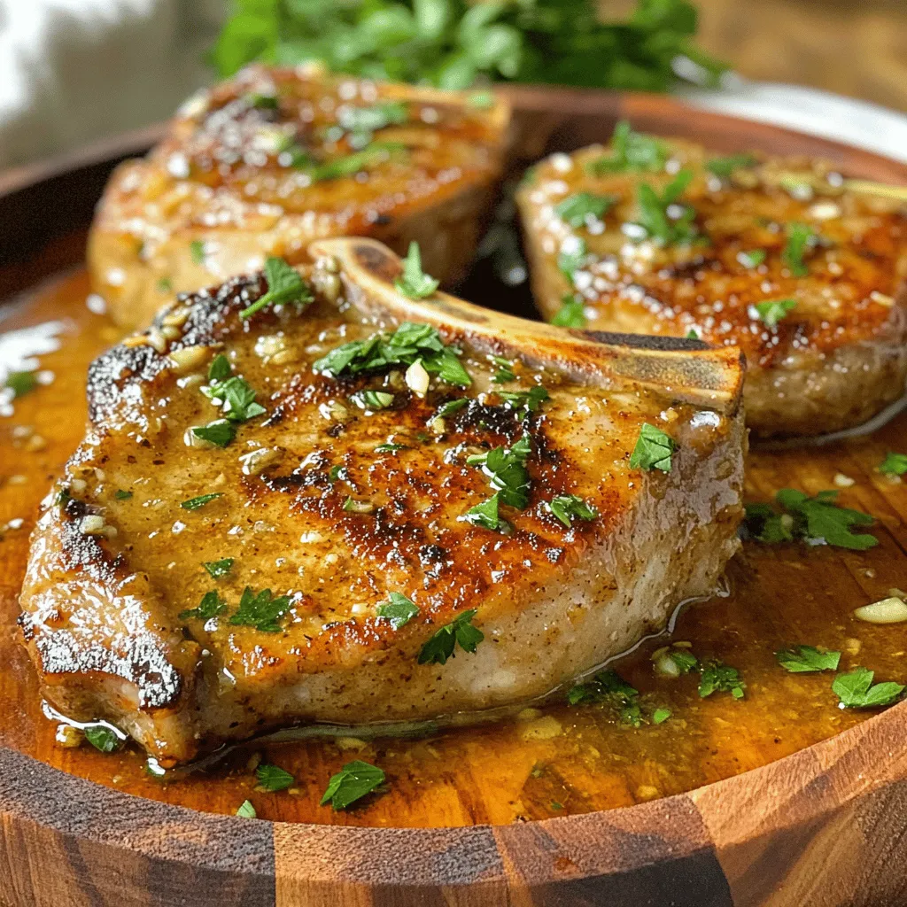 - 4 bone-in pork chops (approximately 1 inch thick) - 4 cloves garlic, finely minced - 1 tablespoon fresh rosemary, finely chopped - 1 tablespoon fresh thyme, finely chopped - 2 tablespoons extra virgin olive oil - 1 teaspoon smoked paprika - Sea salt and freshly cracked black pepper - 2 tablespoons unsalted butter, cut into pieces - 1 cup low-sodium chicken broth - 1 tablespoon freshly squeezed lemon juice - Fresh parsley, chopped, for garnish - Large skillet - Mixing bowl - Measuring spoons - Meat thermometer When I cook pork chops with garlic sauce, I focus on using fresh ingredients. The garlic packs a punch, making the dish lively. The herbs add depth, and olive oil keeps everything moist. Smoked paprika gives a slight kick that blends well with the garlic. I love using bone-in pork chops for added flavor. They stay juicier and taste better than boneless chops. For seasoning, I always use sea salt and black pepper. They enhance the natural taste of the meat. Unsalted butter helps create a rich sauce, while chicken broth adds a savory base. A splash of lemon juice brightens the dish, making each bite fresh. Finally, fresh parsley gives a pop of color and flavor. Don